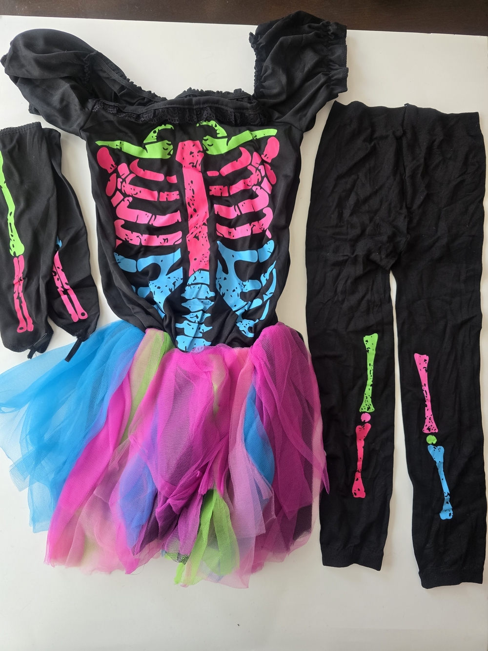 Girls Black Neon Skeleton Tulle Costume Dress with Leggings
